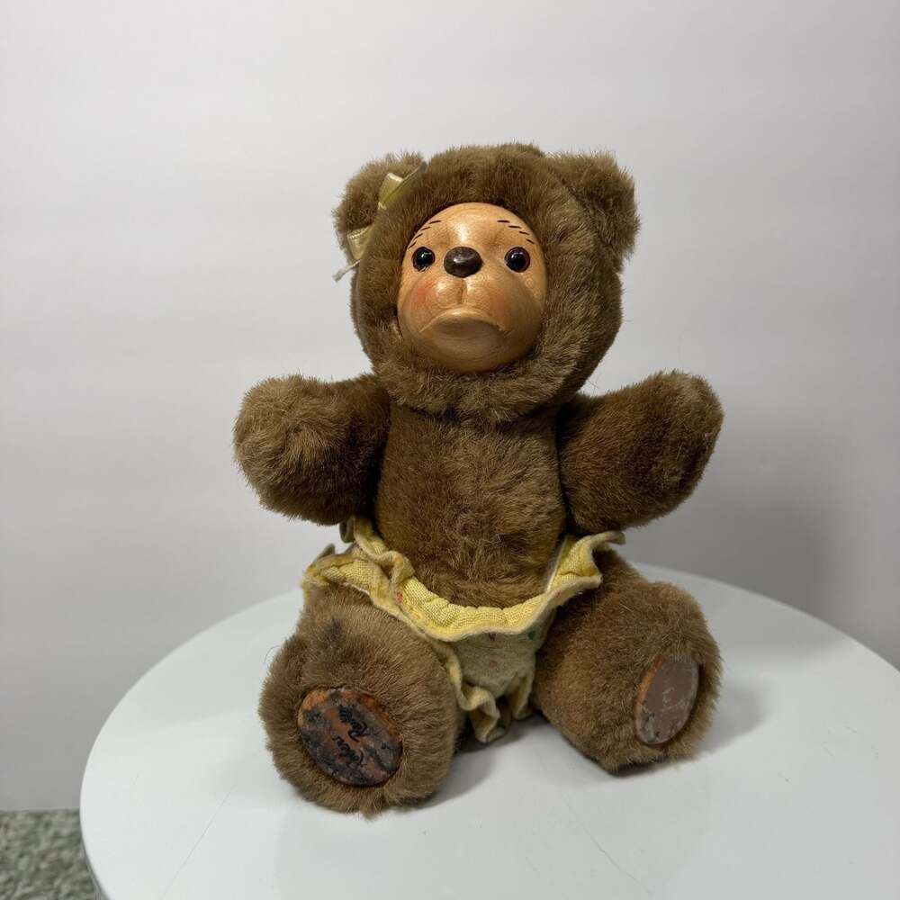 Vintage 1990 Robert Raikes mini Teddy Bear with Wood Face and Diaper